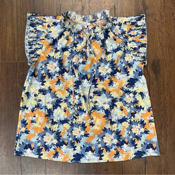 Voy Orange & Blue Abstract Print Ruffle Sleeve Blouse SZ SM - Picture 1 of 5